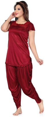 PHALIN Women Solid Maroon Top & Pyjama Set