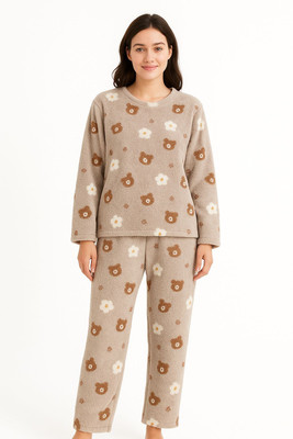 Ruhani Fashion Women Animal Print, Characters Beige, Brown, White Night Suit Set