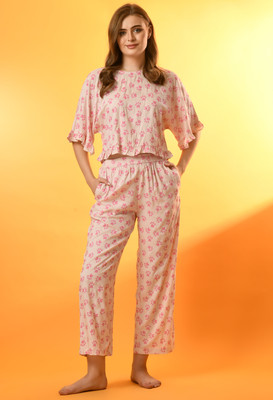 MADDALENA Women Printed Pink Top & Pyjama Set