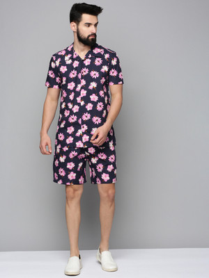 SHOWOFFFF Men Floral Print Dark Blue Top & Shorts Set