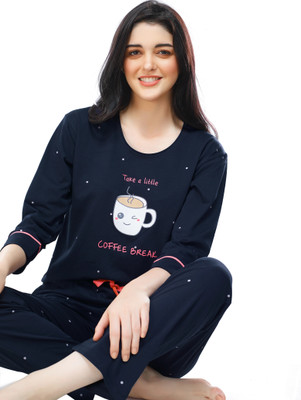 ZEYO Women Printed Blue Top & Pyjama Set