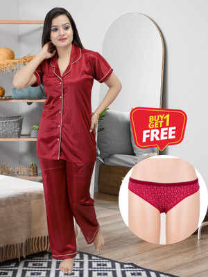 Ansh Collection Women Solid Maroon Night Suit Set