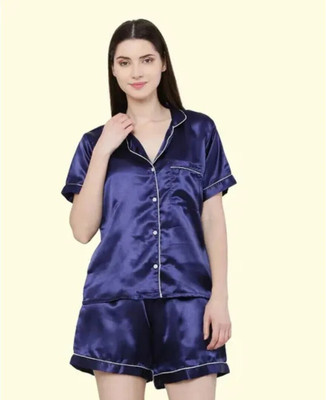 Vd hub Women Solid Dark Blue Night Suit Set