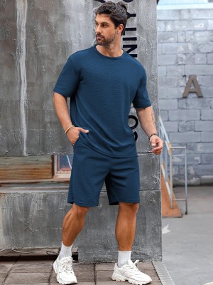 Vogaan Men Solid Blue Top & Shorts Set