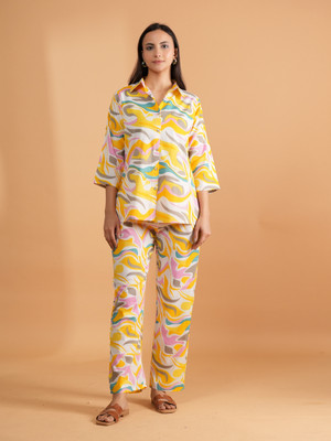 DreamBe Women Abstract Yellow Night Suit Set