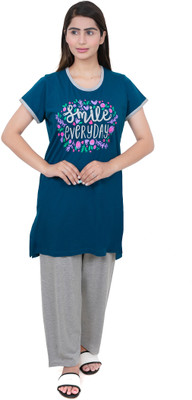 E-MAX Women Printed Blue, Grey Top & Pyjama Set