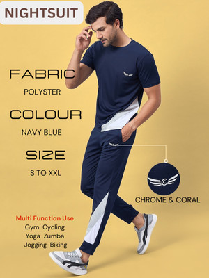 Chrome & Coral Men Colorblock Dark Blue Night Suit Set