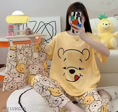 COZY NIGHTDRESS Women Printed Yellow Night Suit Set