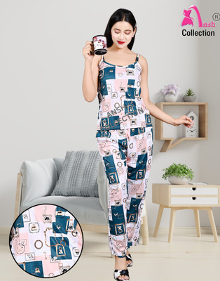 Ansh Collection Women Self Design, Colorblock, Floral Print White Night Suit Set