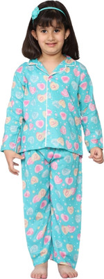 mininest Boys & Girls Floral Print Light Green Shirt & Pyjama set