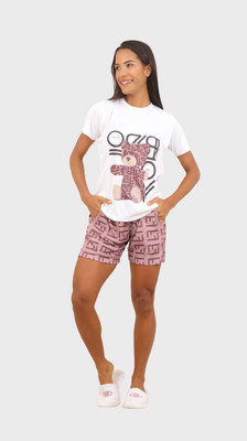 PramukhFashion Women Printed Pink, White Night Suit Set