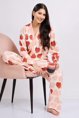 Lugo Women Printed Pink, Red Night Suit Set