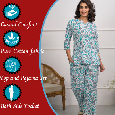 Loomista Women Printed Blue Top & Pyjama Set