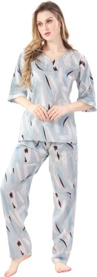 Playloungewear Women Printed Blue, White Top & Pyjama Set