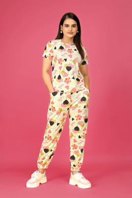 JK Creation Women Printed Pink, White Top & Pyjama Set