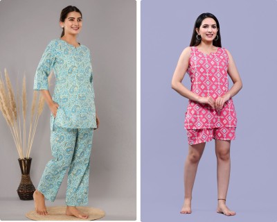 hustle bustle Women Printed Light Blue, Pink Top & Pyjama Set