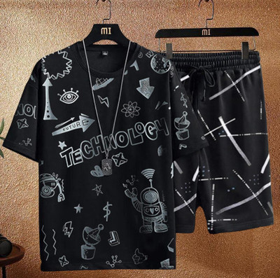 Try This Men Colorblock Black, White Top & Shorts Set