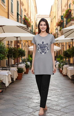 Nxtwin Women Printed Grey Night Suit Set