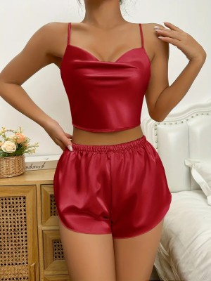 BAHENA Women Solid Red Top & Shorts Set