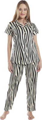 NIGHTVIEW Women Striped White, Black Shirt & Pyjama set