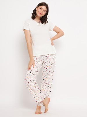 Clovia Women Graphic Print White Top & Pyjama Set