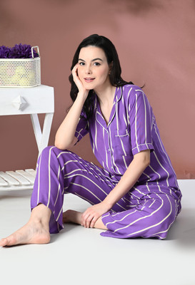 PRADHRUHE Women Striped Purple Shirt & Pyjama set
