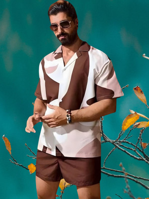 THEBROSSCO Men Floral Print Beige Top & Shorts Set