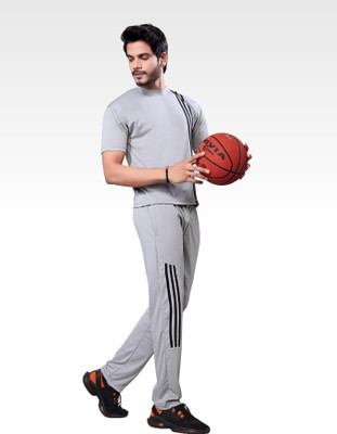 LINSOR FASHION Men Striped Grey Night Suit Set