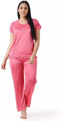 SENSLIFE Women Solid Pink Top & Pyjama Set