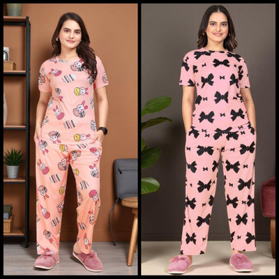 fashion greb Women Printed Black Top & Pyjama Set