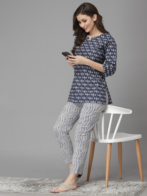 his&her Women Floral Print Blue Night Suit Set