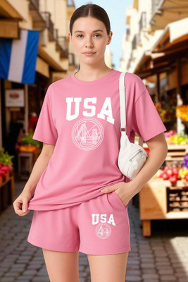 Elvia Women Printed Pink Top & Shorts Set