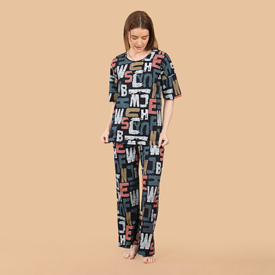 NaughTiee Women Printed Dark Blue Top & Pyjama Set