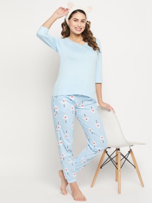 Clovia Women Graphic Print Blue Top & Pyjama Set