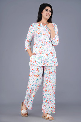 MintMarie Women Printed White, Red, Blue Night Suit Set