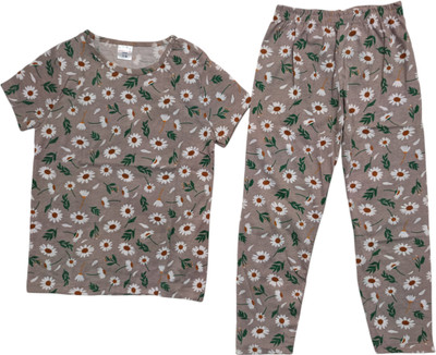 KANNIMAR Girls Printed Grey Night Suit Set