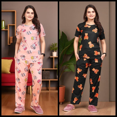 FASHION GREAB Women Printed Pink Top & Pyjama Set