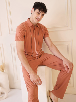 SWEET DREAMS Men Striped Orange Top & Pyjama Set