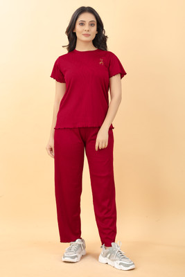 Elder Women Solid Red Night Suit Set