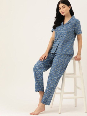 BrownEra Women Printed Blue Night Suit Set