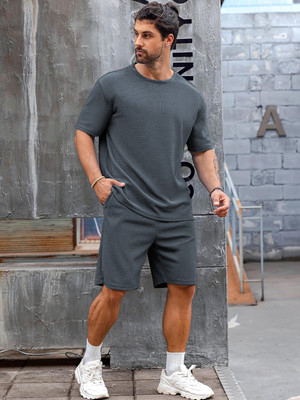 Vogaan Men Solid Grey Top & Shorts Set
