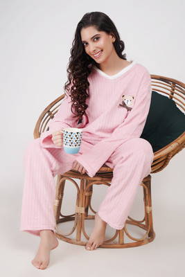 Lugo Women Striped Pink Night Suit Set