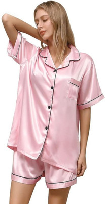 Vd hub Women Solid Pink Night Suit Set