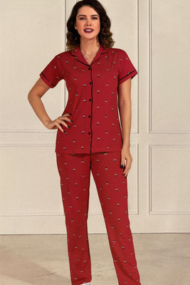 thevarnam Women Printed Maroon Shirt & Pyjama set