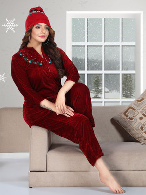 HouseOfCommon Women Solid Maroon Top & Pyjama Set