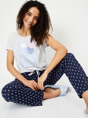 MAX Women Printed Grey, Blue Top & Pyjama Set