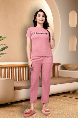 Indoce Sales Women Embroidered Pink Night Suit Set
