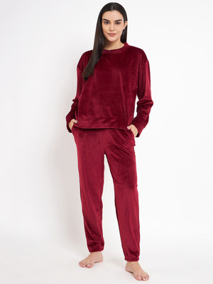 Camey Women Solid Maroon Top & Pyjama Set