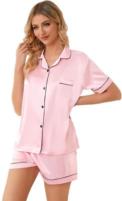 Vdc Creation Hub Women Solid Pink Night Suit Set