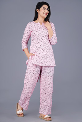 PRADHRUHE Women Printed Pink Top & Pyjama Set